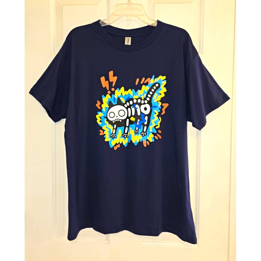 NWOT Navy Blue Skeleton Cat Graphic Tee 2XL Cartoon Streetwear Halloween Edgy